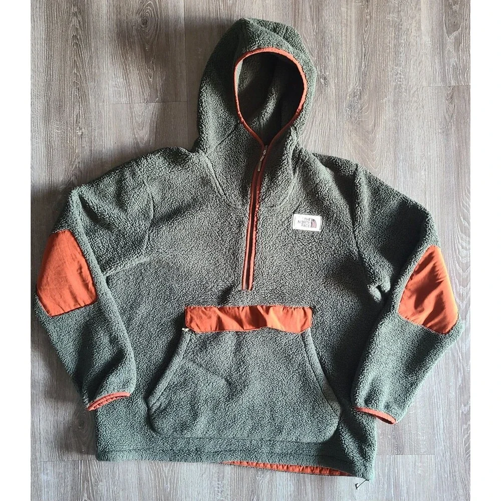 The North Face Hoodie Mens XL Olive Campshire Sherpa Fleece 1/4 Zip Pullover